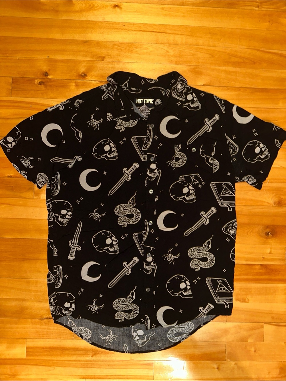Hot Topic Black Short Sleeve Button-Up Shirt with White Gothic Motifs
